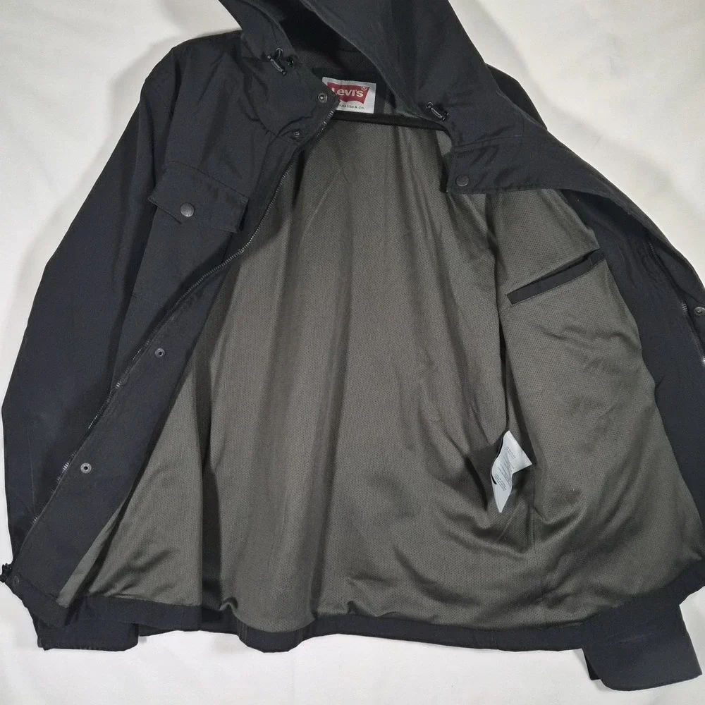 Levi's Mens Large Black Hooded Rain Jacket Lightweight Windbreaker Full Zip... - Picture 7 of 10